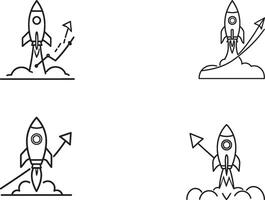A collection of minimalist line art icons featuring rockets launching, symbolizing growth, innovation, and progress in various fields such as business, technology, and exploration. vector