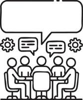 Line art icon showing a team of individuals discussing at a table with speech bubbles. Representing communication, brainstorming, teamwork, and collaboration. Ideal for business vector