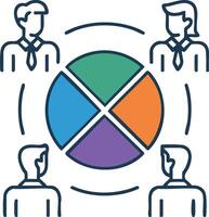 Illustration of professionals collaborating around a segmented pie chart, signifying teamwork and strategic allocation. Each segment represents different aspects of planning or business processes. vector