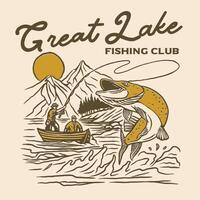 A vintage-style illustration of two anglers in a boat on a lake with a jumping fish and mountain backdrop, capturing the classic fishing adventure atmosphere. vector