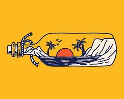 A tropical illustration of a palm island with sunset, framed inside a glass bottle, complete with ocean waves and mountain backdrop. vector