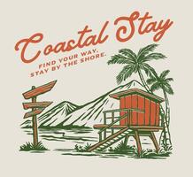 A beach lifeguard hut scene with palm trees and mountains, framed by a beach signpost, capturing summer beachside charm and exploration spirit. vector