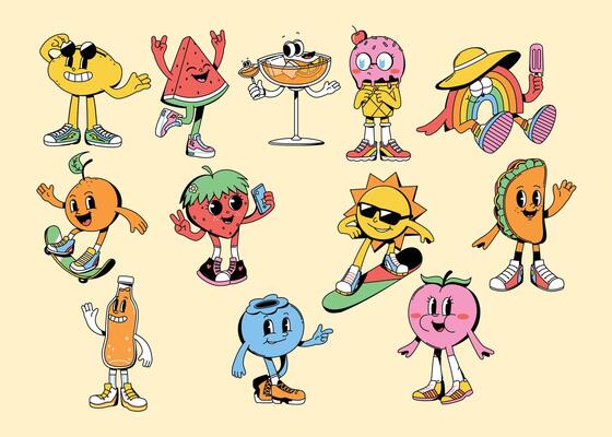 A playful set of colorful vintage-style summer mascot illustrations including fruits, snacks, sun, and drinks in cartoon character form with retro shoes, bold outlines, and cheerful poses.