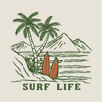 A beach illustration of surfboards resting on the sand near palm trees, with a scenic view of waves and distant mountains, expressing a carefree surf lifestyle. vector