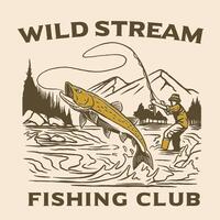A detailed vintage illustration of a fisherman catching a jumping fish in a wild mountain stream, surrounded by pine trees and natural scenery. vector