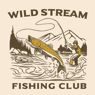 A detailed vintage illustration of a fisherman catching a jumping fish in a wild mountain stream, surrounded by pine trees and natural scenery.