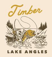 A rustic vintage illustration of an angler fishing at a timber-lined lake, with a large fish jumping from the water and pine trees in the background. vector