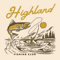 A nostalgic vintage illustration of a fisherman in a boat reeling in a fish in the highland waters, with a backdrop of mountains and pine trees under the sun. vector
