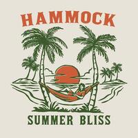 A tropical beach illustration of a hammock stretched between palm trees with a glowing sunset in the background, evoking summer relaxation and vacation vibes. vector