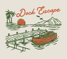 A rustic dock scene with a boat moored under a sunset sky, surrounded by palm trees and mountains, evoking peaceful coastal vibes. vector