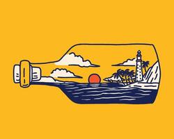 A summer-themed illustration of a lighthouse and ocean sunset inside a glass bottle, with waves, palm trees, and a scenic seascape. vector