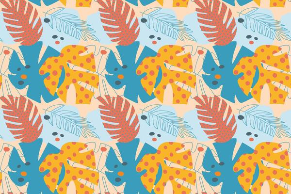 A vivid pattern with textured tropical leaves on two backgrounds, yellow and transparent. Pink, blue, dark green pastel colors. For textiles, flyers, postcards, wrapping