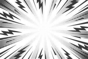 Comic background with lightning burst effect. Manga graphic with flash thunder and halftone texture. Energy explosion frame with electric light. Radial perspective monochrome beams vector