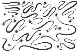 Swirl lines with stars. Curved elegant flourishes tails of comets. Decorative scrolls and strokes on white background. Wavy swishes with falling and flying sparkles. vector