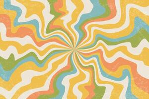 Retro sunrays background with groovy texture. Summer abstract poster. Psychedelic wavy radial beams. Vintage spiral 60s stripes. 60s modern rainbow design vector
