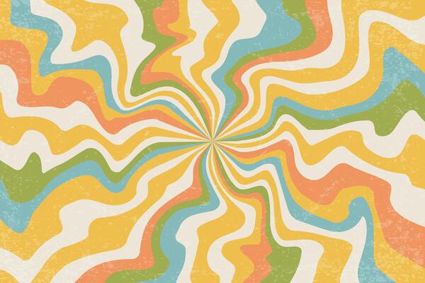 Retro sunrays background with groovy texture. Summer abstract poster. Psychedelic wavy radial beams. Vintage spiral 60s stripes. 60s modern rainbow design