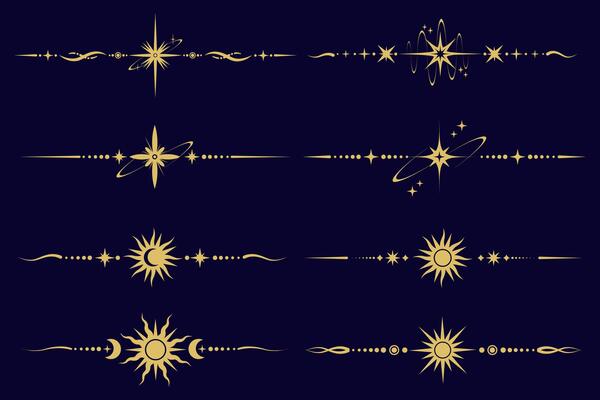 Magic border with stars and moon. Celestial mystic ornament. Astrology tarot golden elements with sun symbol. Fantasy divider with spiritual decoration