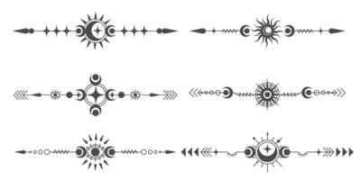 Celestial frame with lines of stars. Magic border with mystic moon and sun. tarot fantasy ornament. Elegant divider with esoteric symbols and spiritual elements vector