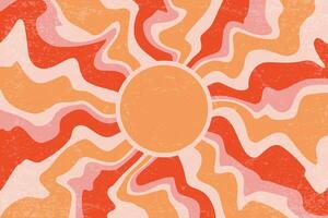 Sunburst retro background with radial pattern of radial wavy rays. Vintage abstract summer poster. Psychedelic orange striped beams. Groovy modern design vector