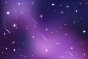 Starry night sky. Dark purple space. Magic universe illustration. Abstract winter gradient with sparkles and comets. Bright cosmic wallpaper with glitter. Outer space realistic backdrop vector