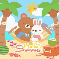 Cute Bear and Bunny Relaxing in Hammock on Summer Beach. Cartoon Beach Scene with Adorable Bear and Rabbit in Hammock. Kawaii Style Beach Vacation with Bunny, Bear, and Tropical Vibes. vector