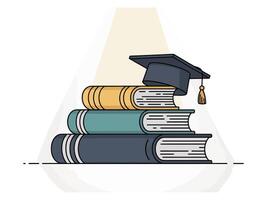 Stack of books with graduation cap, symbolizing academic achievement. vector