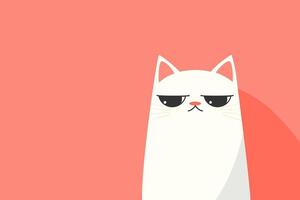 Grumpy white cat on pink background, cute vector