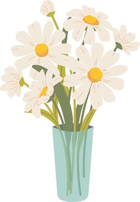 Bouquet of daisies in vase. Cute hand drawn chamomiles, spring and summer flowers. botanical elements