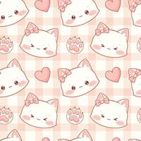 Kawaii pattern with pink plaid and cute white kitty, paws and heart. Seamless pattern in Japanese style. printable pattern vector