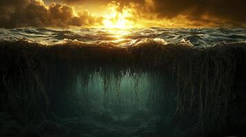 The ocean is shown with a sun shining through the water photo