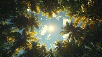A view of the sun shining through the trees in a tropical forest photo
