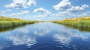 A river with grass and clouds in the background photo