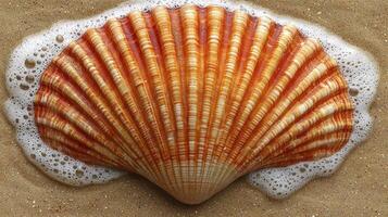 A shell on the sand with foam on it photo