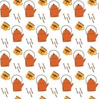 Kettle and mug seamless pattern. Camping pattern with teapot and cup. vector