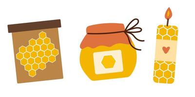 Set with beeswax elements. Jar with honey. Candle from beeswax. vector