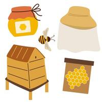Beekeeping elements set with hat, honey jar and bee. vector