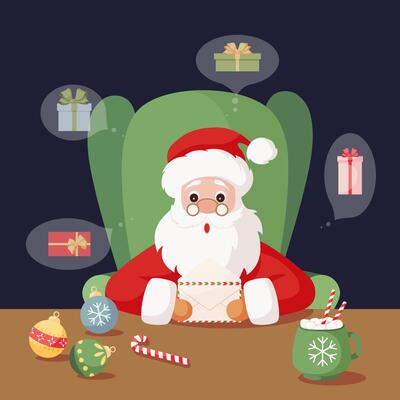 Santa Claus reads letters with Christmas wishes from children and is surprised at his home at the table. For Christmas cards, banners, tags and labels. Holiday cartoon character