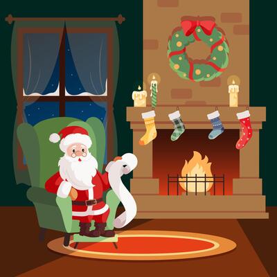 Santa Claus character in a chair next to the fireplace reads letters with Christmas wishes. For Christmas cards, banners, tags and labels. Holiday cartoon character