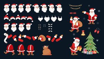 Santa Claus conctrustor. Santa Claus character creation set. Collection of character body parts and emotions. Different emotions, beards, hats, hands and legs positions. vector