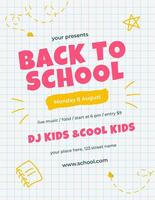 Back to School invitation card or flyer with handwritten school elements in doodle style as frame around. Chalkboard and checkered paper on backdrop. illustration vector