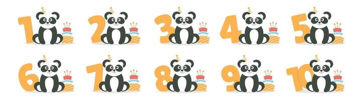 Cute panda character, cake and number from 1 before 10 set. Beautiful elements for Kids Birthday Party invitation, greeting card, poster, event, prints and cake toppers design vector