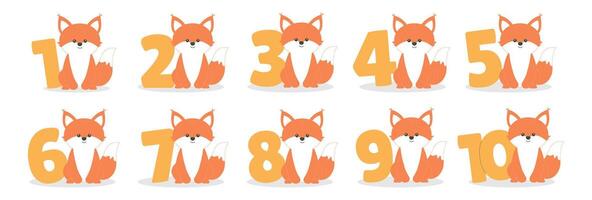 Cute baby fox character and numbers from 1 before 10 set. Beautiful elements for Kids Birthday Party invitation, greeting card, poster, event, prints, cake toppers design on white background vector