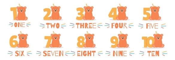 Cute bear character in hat and number from 1 before 10 set. Beautiful elements for Kids Birthday Party invitation, greeting card, poster, event, prints and cake toppers design vector
