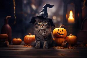 A cat wearing a witch hat and a pumpkin photo