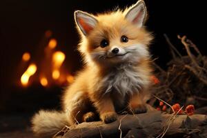 A cute little fox sitting on a log photo