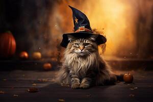 A cat wearing a witch hat sits on a wooden floor photo