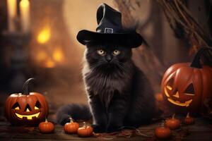 A black cat wearing a witch hat and surrounded by pumpkins photo