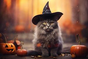 A cat wearing a witch hat and surrounded by pumpkins photo