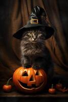 A cat wearing a witch hat sits on a pumpkin photo