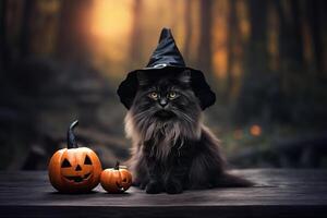 A cat wearing a witch hat and pumpkin photo